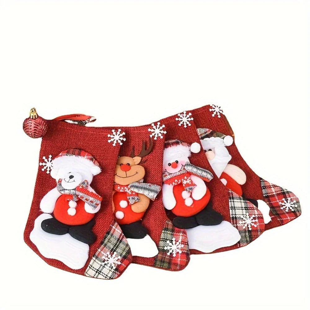 Hanging Polyester Christmas Stockings with Santa, Snowman, and Reindeer Designs – Set of 3 or 4 Pieces