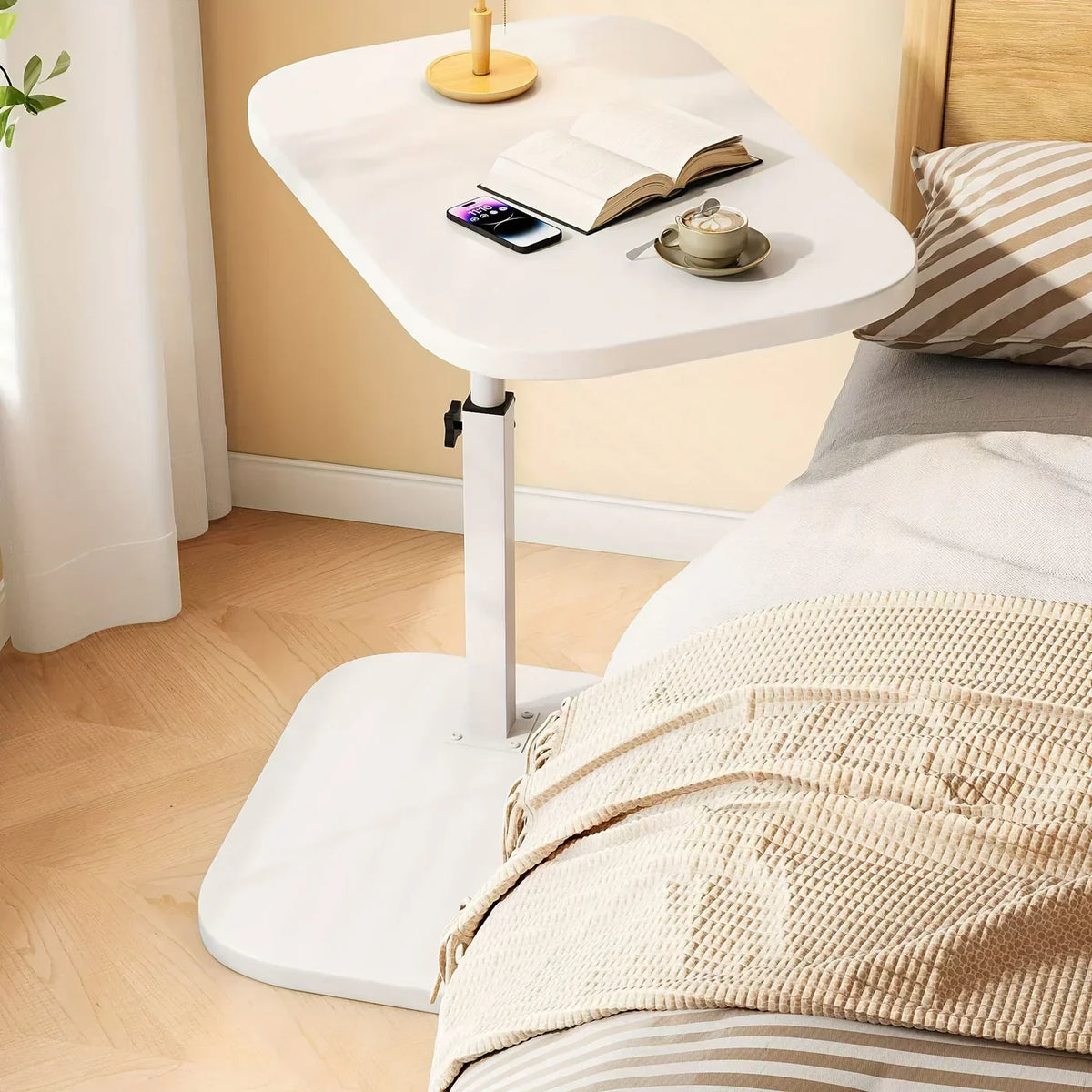 Multifunctional Height-Adjustable Side Table with Wooden Top for Sofa or Bed