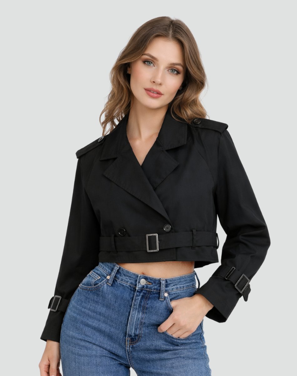 Women's Cropped Double-Breasted Belted Trench Jacket