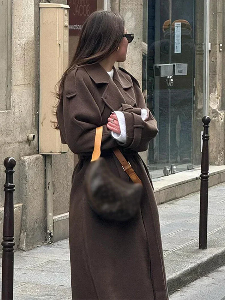 Women's Double-Breasted Maxi Coat with Lapel Collar