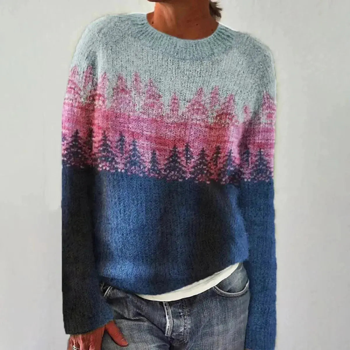 Women's Relaxed-Fit Sweater with Wide Collar and Scandinavian Pattern