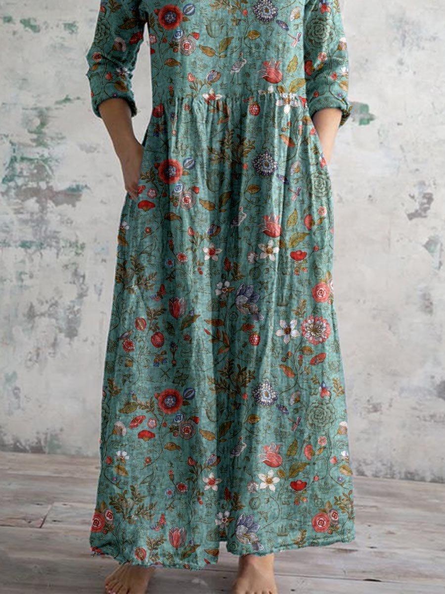 Women's V-Neck Three-Quarter Sleeve Maxi Dress with Pockets