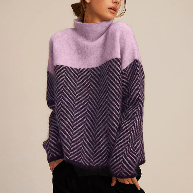 Women's Warm Turtleneck Sweater with Chevron Pattern