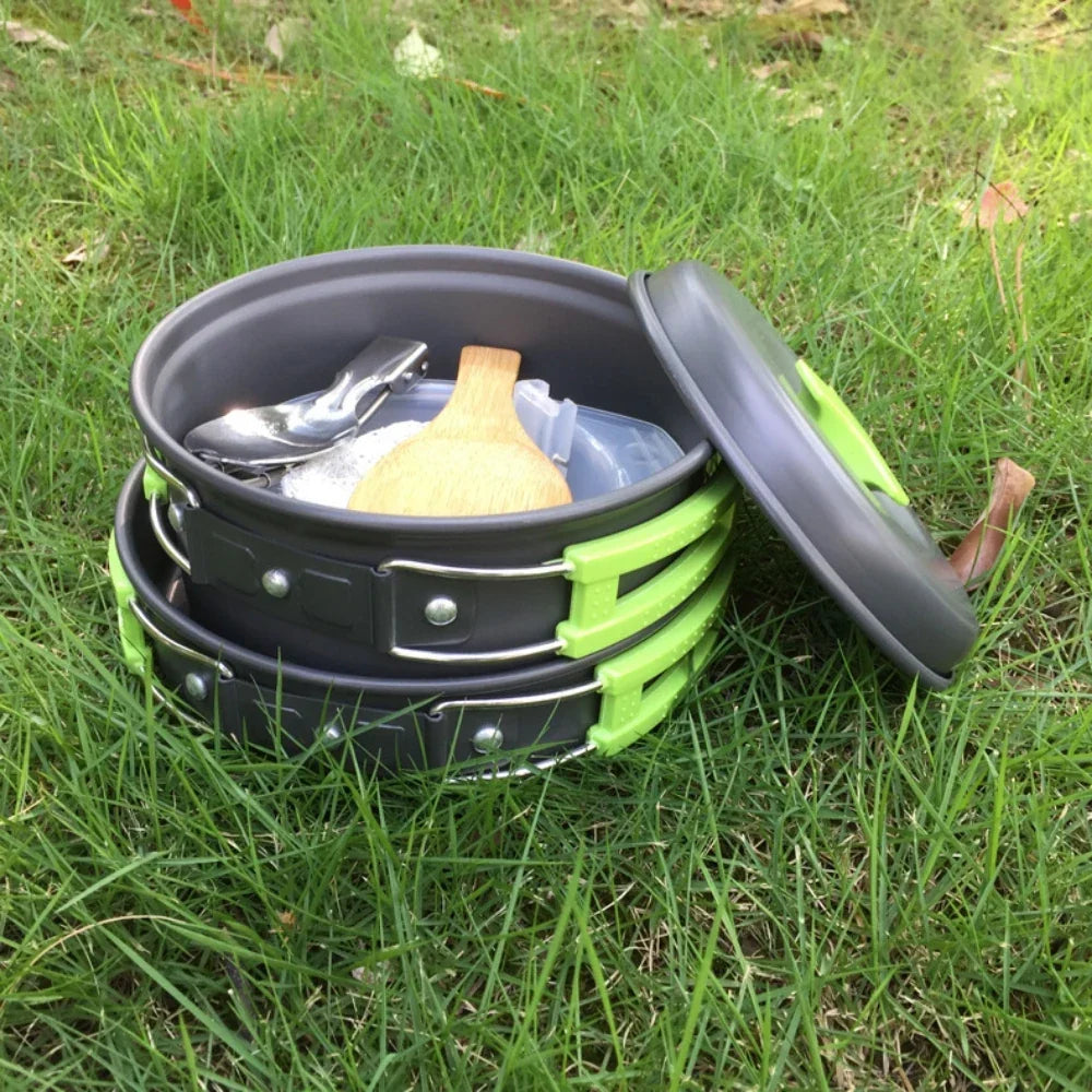 1.8L Mini Camping Cookware Set - Aluminium Non-Stick Pot with Nested Storage - Green, Orange & Black