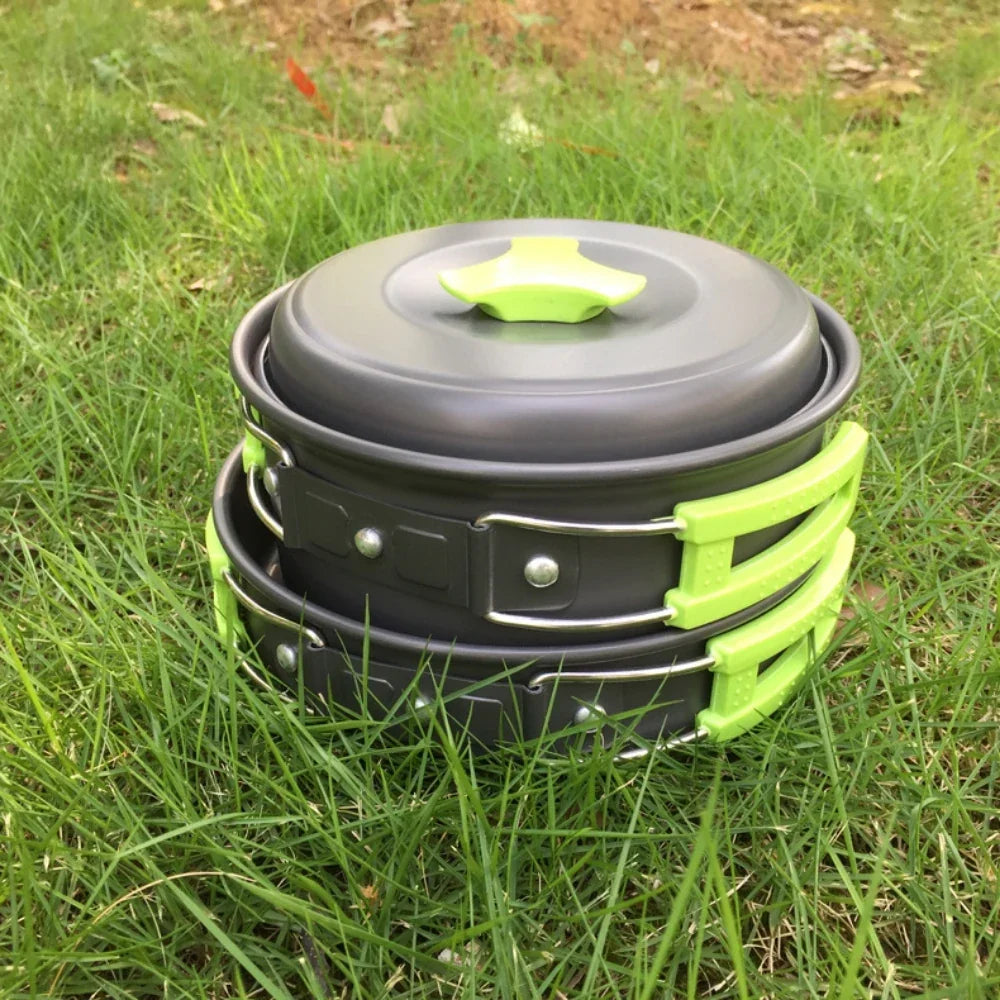 1.8L Mini Camping Cookware Set - Aluminium Non-Stick Pot with Nested Storage - Green, Orange & Black