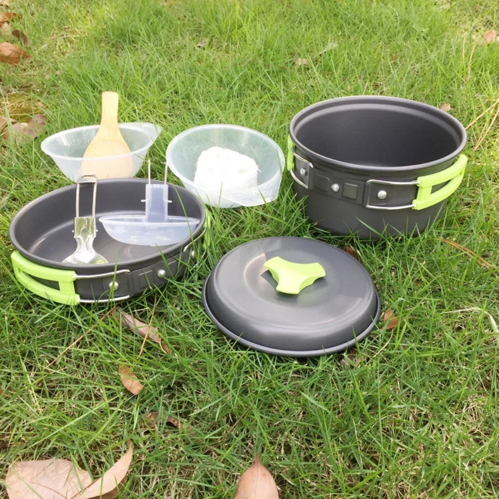 1.8L Mini Camping Cookware Set - Aluminium Non-Stick Pot with Nested Storage - Green, Orange & Black