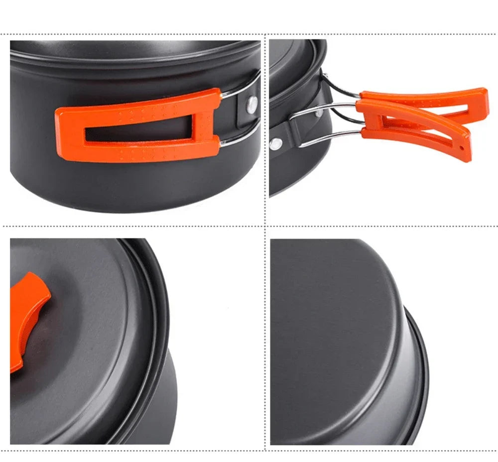 1.8L Mini Camping Cookware Set - Aluminium Non-Stick Pot with Nested Storage - Green, Orange & Black