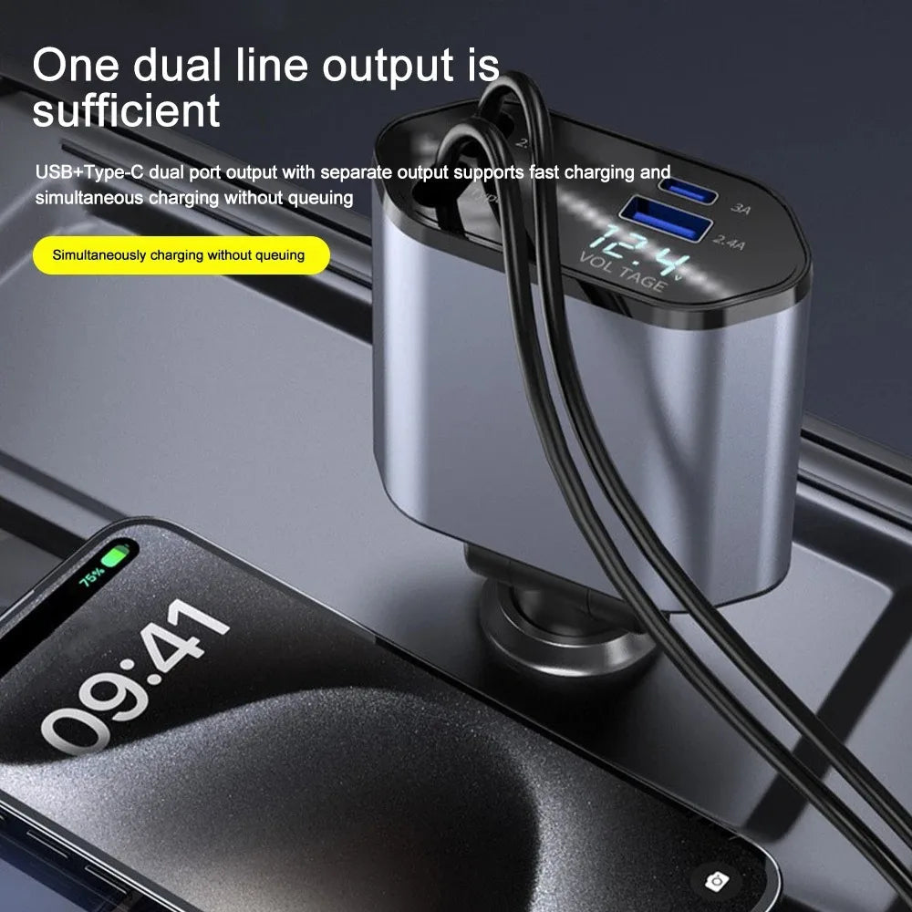 120W Compact Fast Car Charger with Retractable Cables and USB Ports