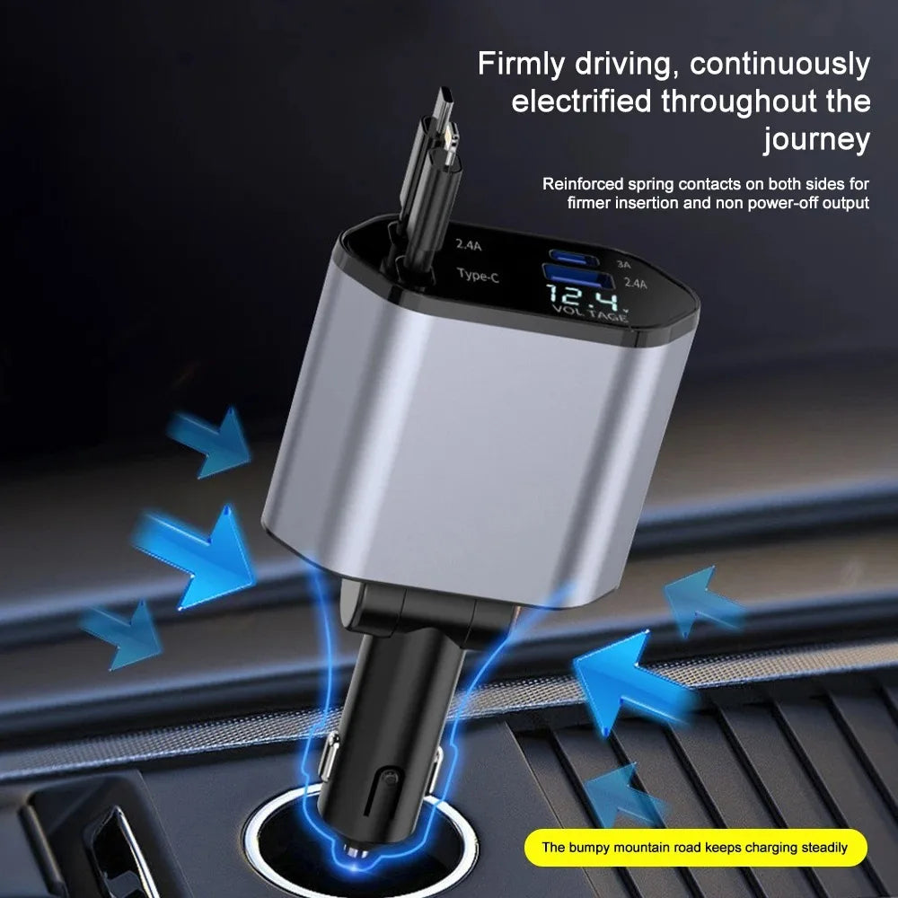 120W Compact Fast Car Charger with Retractable Cables and USB Ports