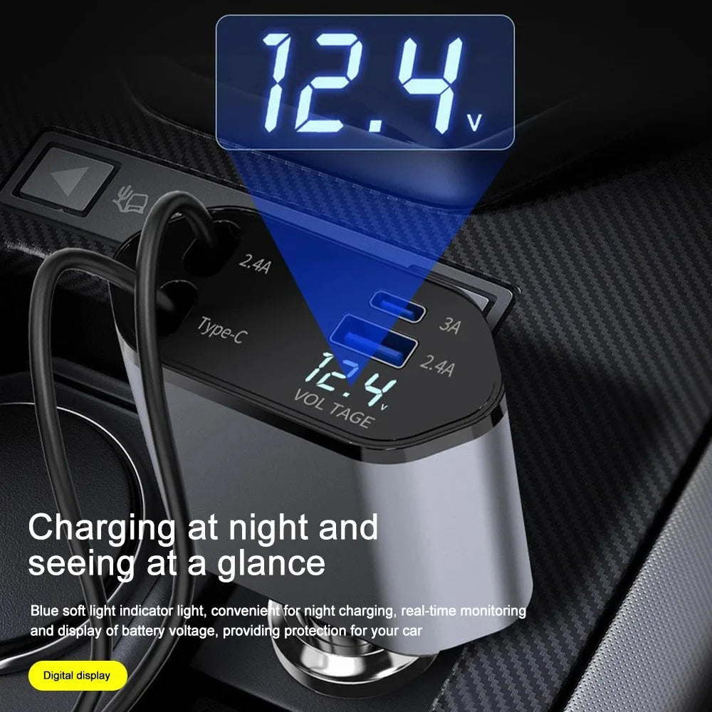 120W Compact Fast Car Charger with Retractable Cables and USB Ports