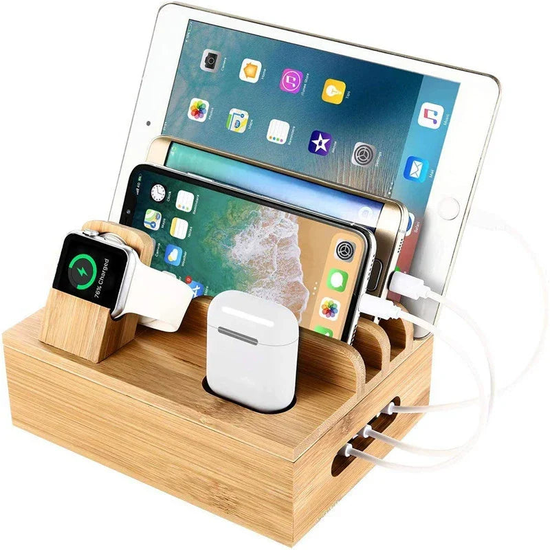 Bamboo Charging Station – 5-Port USB Organizer with Cable Set