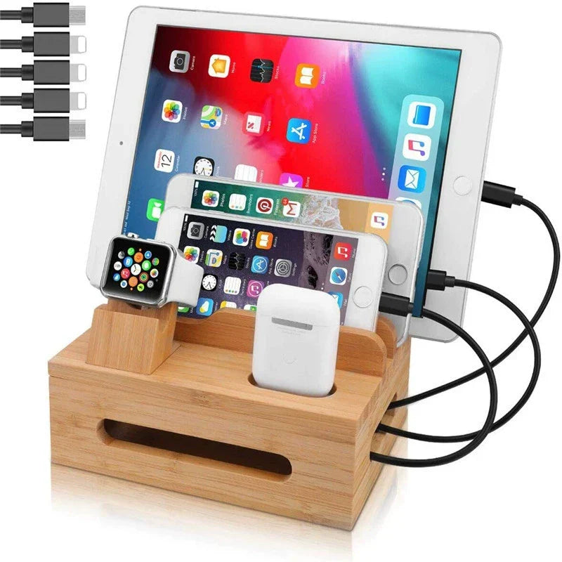 Bamboo Charging Station – 5-Port USB Organizer with Cable Set