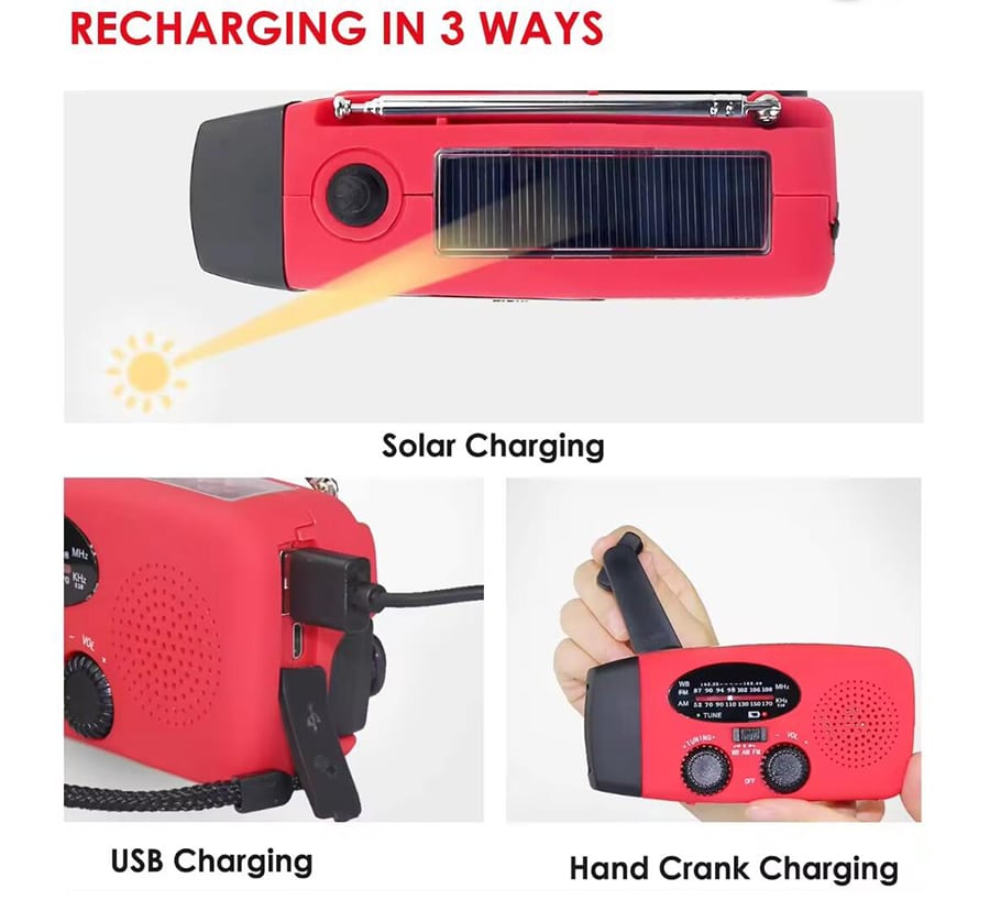 Emergency AM/FM Radio with Built-In Solar Panel, Flashlight, Power Bank & Hand Crank