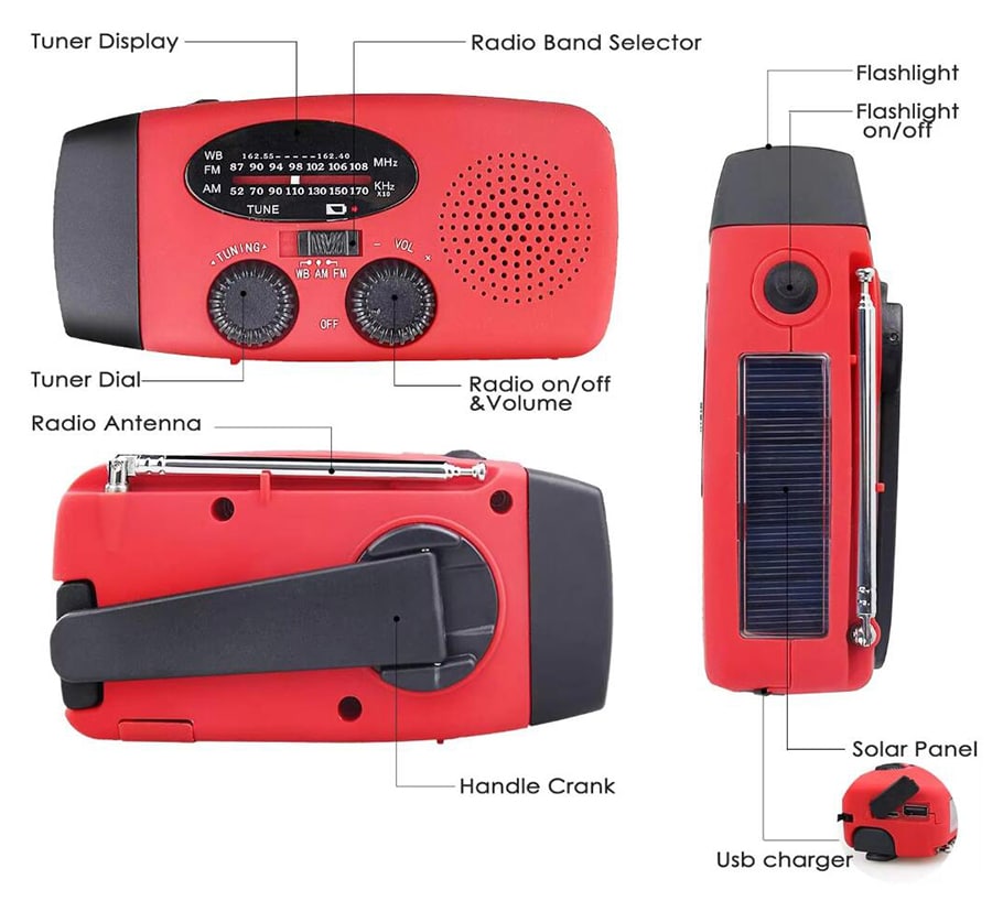 Emergency AM/FM Radio with Built-In Solar Panel, Flashlight, Power Bank & Hand Crank
