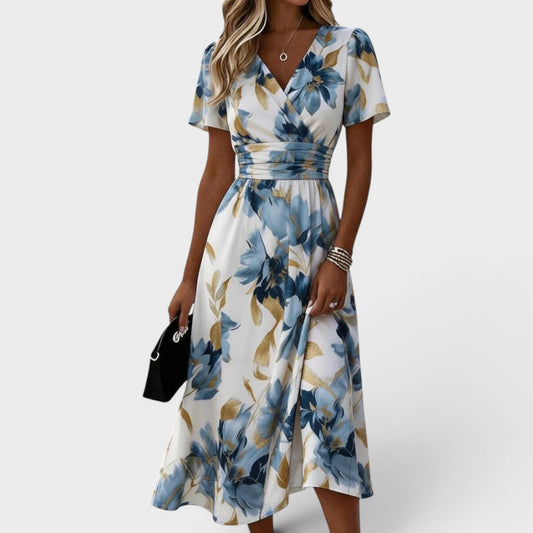 Floral Midi Dress with Gathered Waist and Gold Accents – Summer Wedding Guest Dress