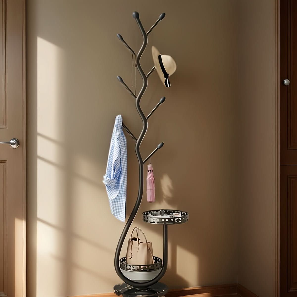 Freestanding Black Metal Coat Rack with Branch Design for Hallway and Bedroom