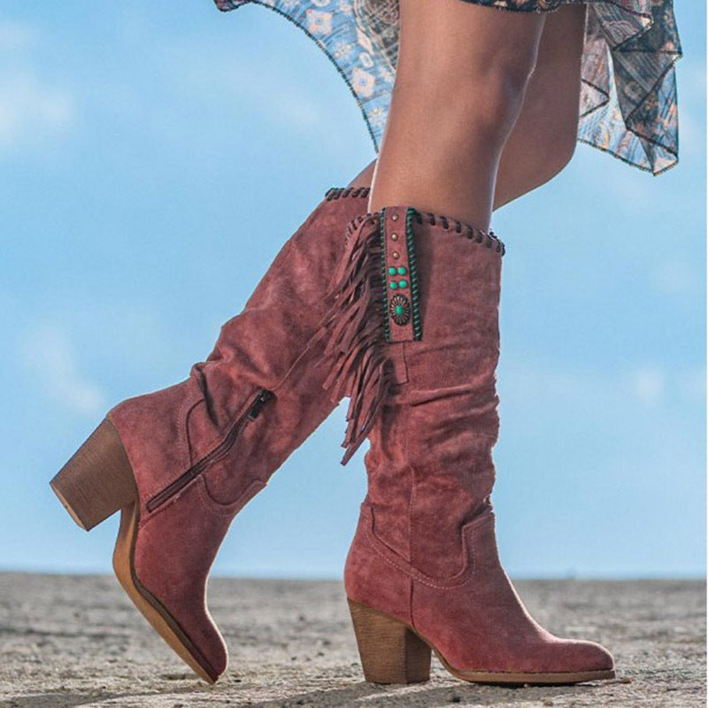 Fringe Western Knee-High Boots with Block Heel and Boho Details