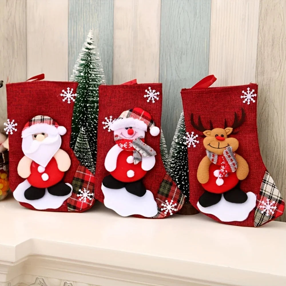 Hanging Polyester Christmas Stockings with Santa, Snowman, and Reindeer Designs – Set of 3 or 4 Pieces