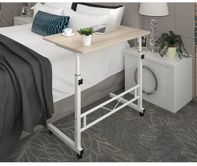 Height-Adjustable Mobile Laptop Desk on Wheels with Wood Top and White Steel Frame
