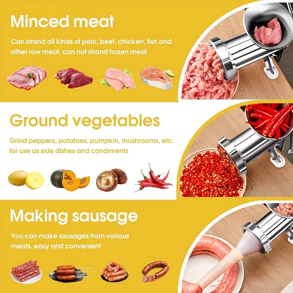 Manual Stainless Steel Meat Grinder with Table Clamp for Meat, Vegetables and Sausage Stuffing