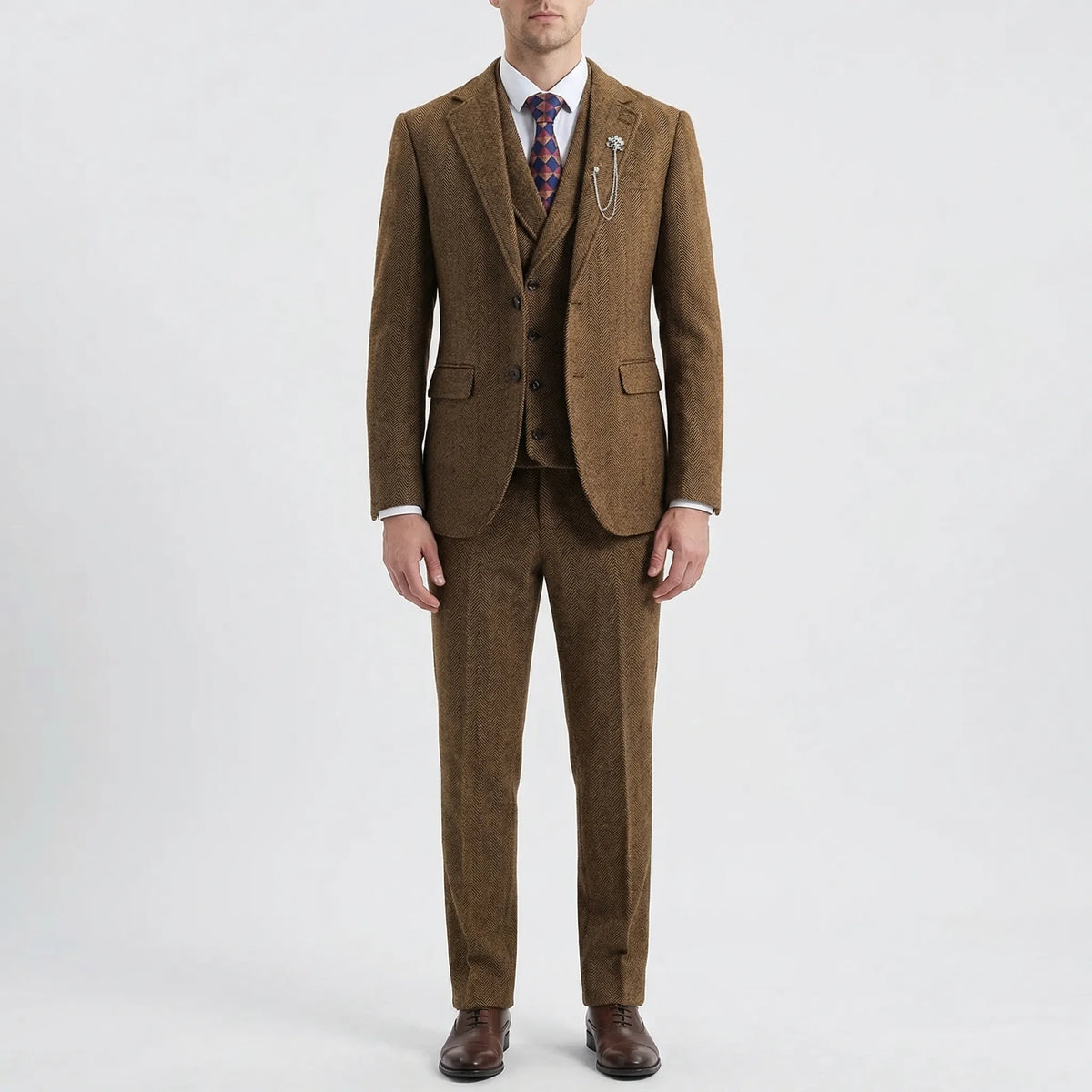 Men's 3-Piece Herringbone Suit - Classic Tailored Fit
