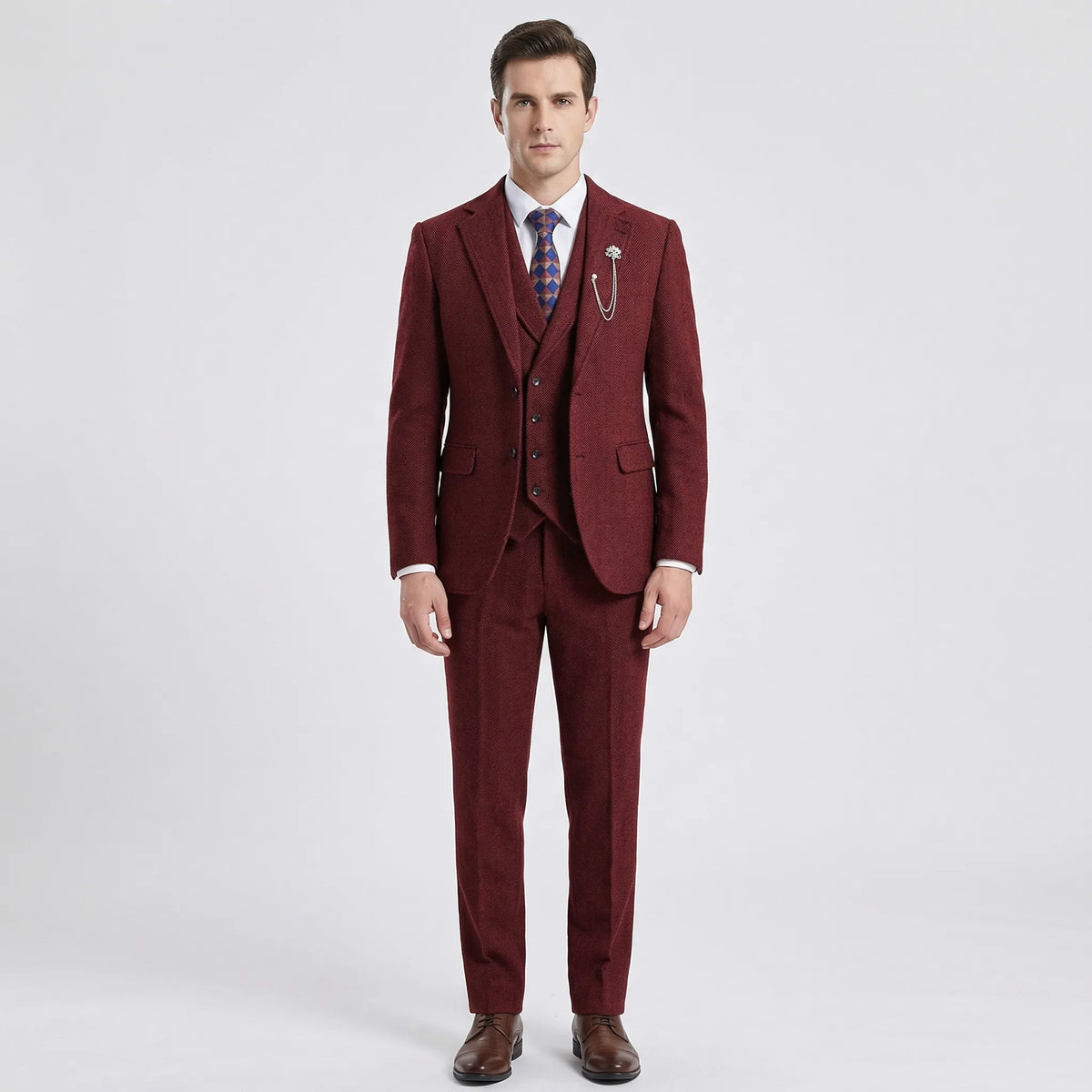 Men's 3-Piece Herringbone Suit - Classic Tailored Fit