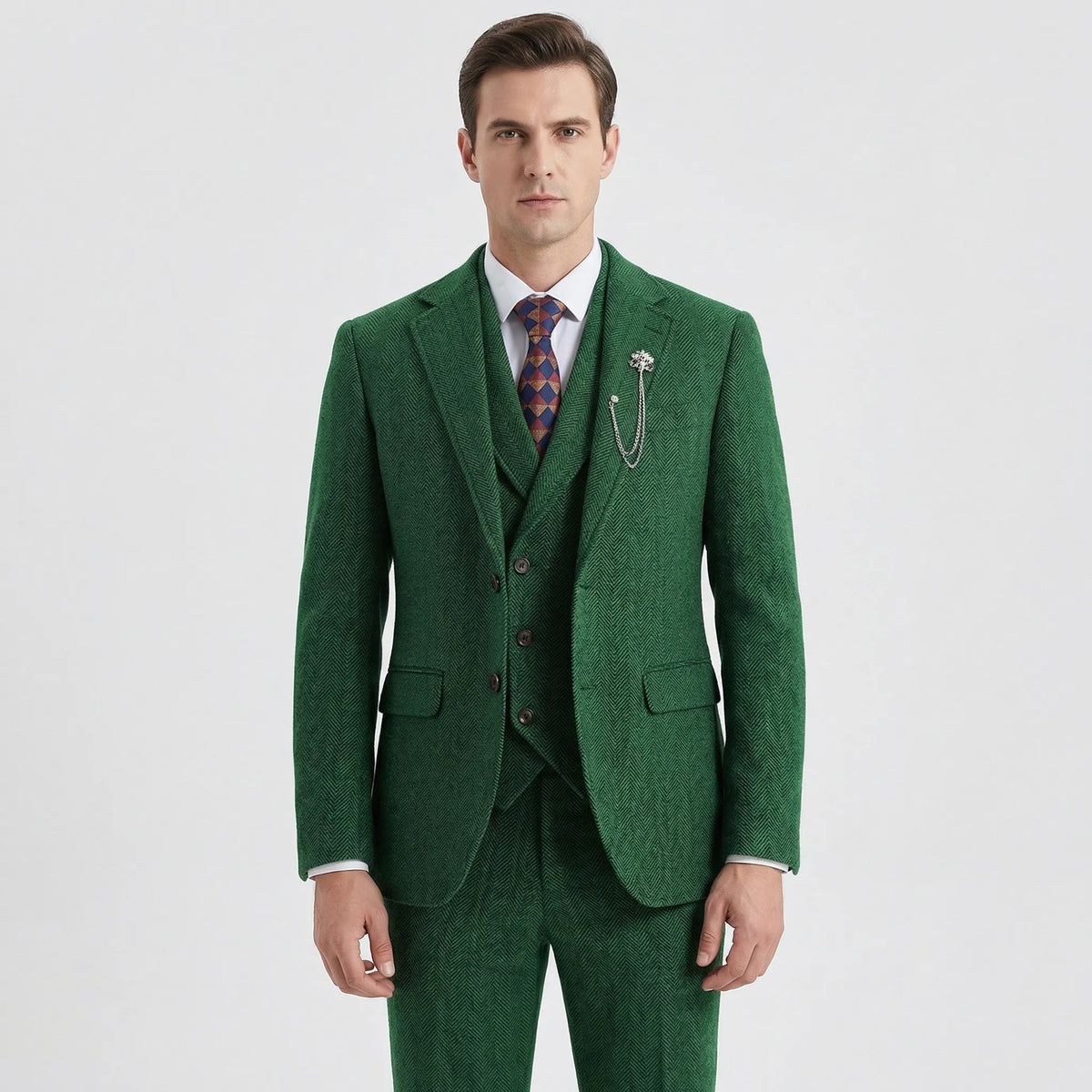 Men's 3-Piece Herringbone Suit - Classic Tailored Fit