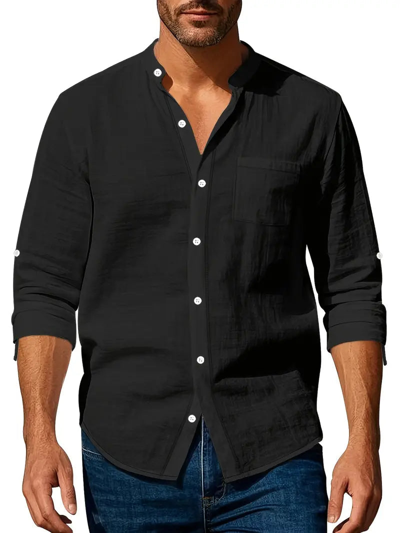Men's Band Collar Long Sleeve Shirt