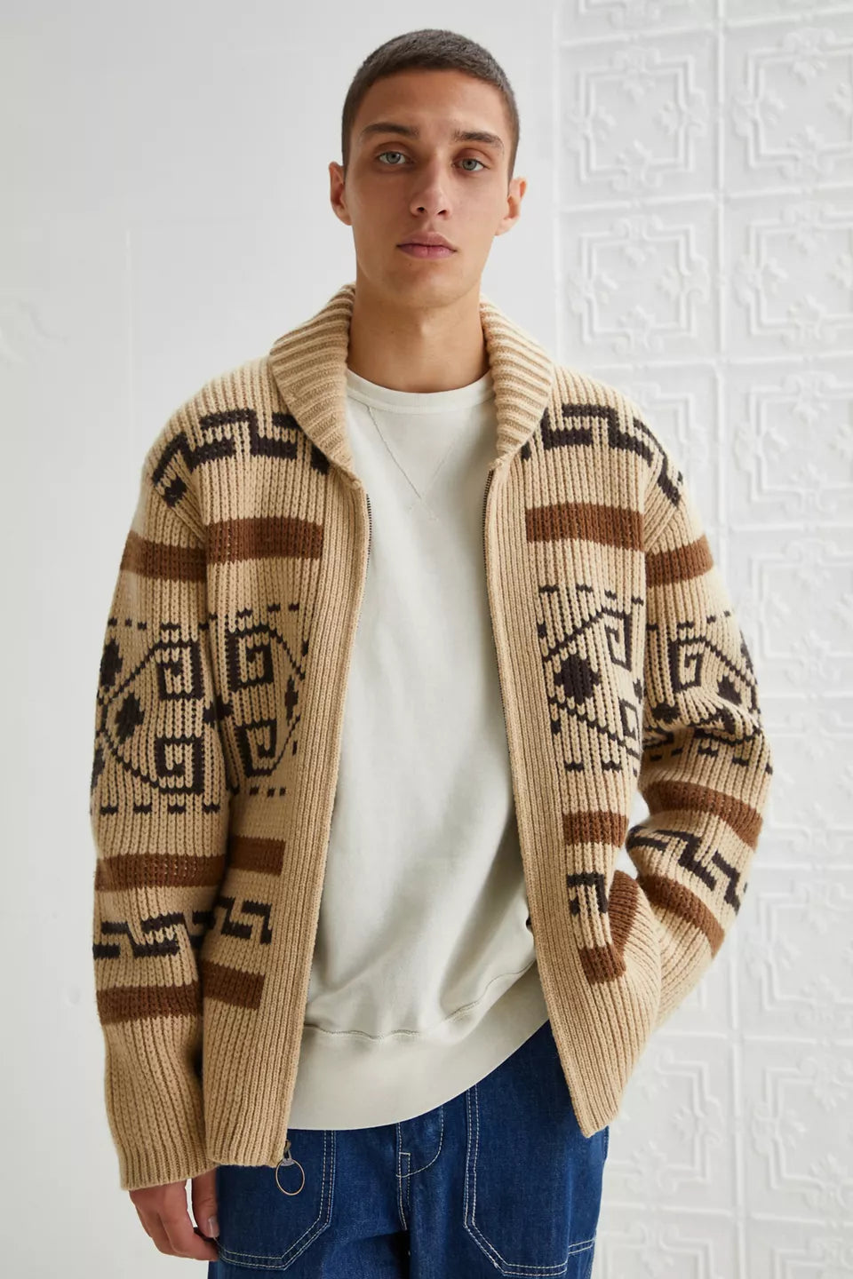 Men's Vintage Jacquard Zip Cardigan