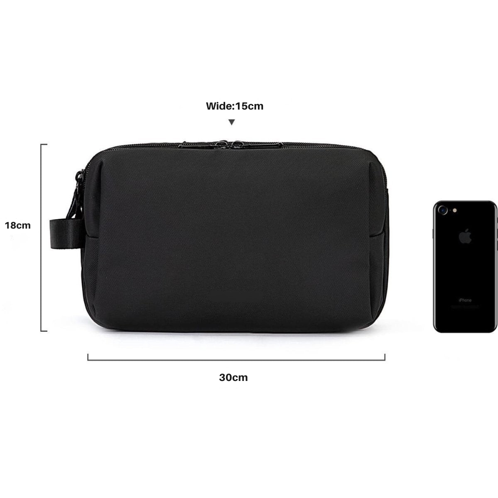 Men's Water-Repellent Travel Toiletry Bag with Double Zipper, Black