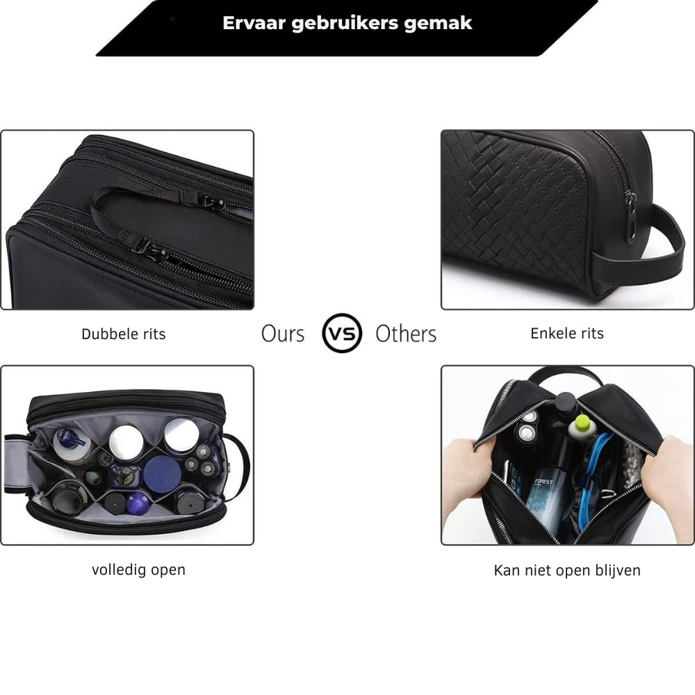 Men's Water-Repellent Travel Toiletry Bag with Double Zipper, Black
