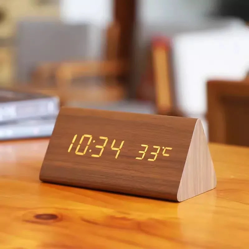 Modern Digital Alarm Clock with Wood-Look LED Display and Voice Control