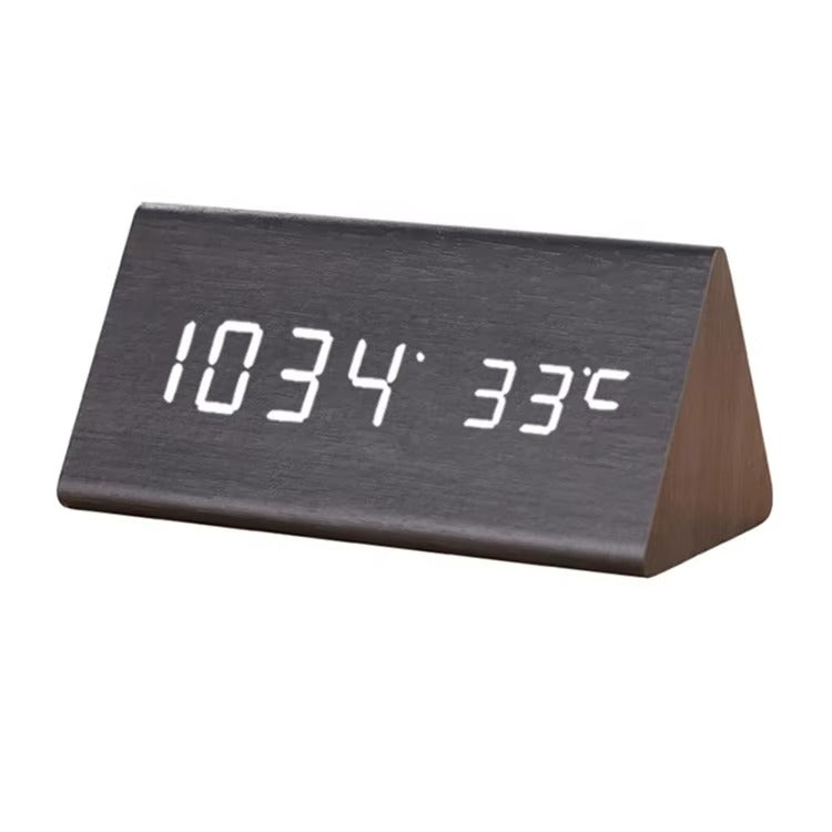 Modern Digital Alarm Clock with Wood-Look LED Display and Voice Control