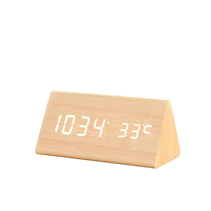 Modern Digital Alarm Clock with Wood-Look LED Display and Voice Control