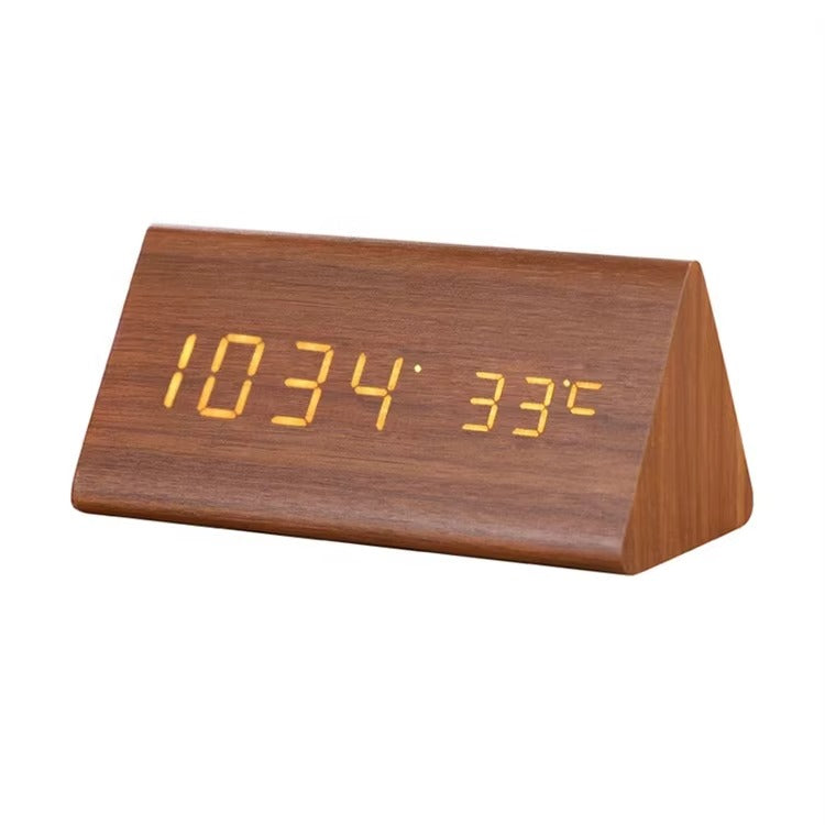 Modern Digital Alarm Clock with Wood-Look LED Display and Voice Control