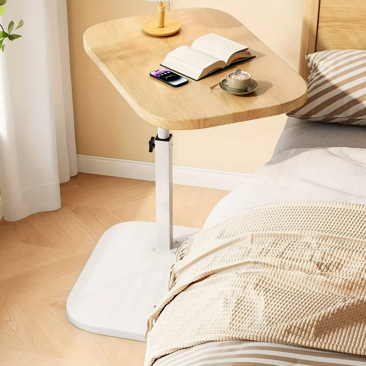 Multifunctional Height-Adjustable Side Table with Wooden Top for Sofa or Bed
