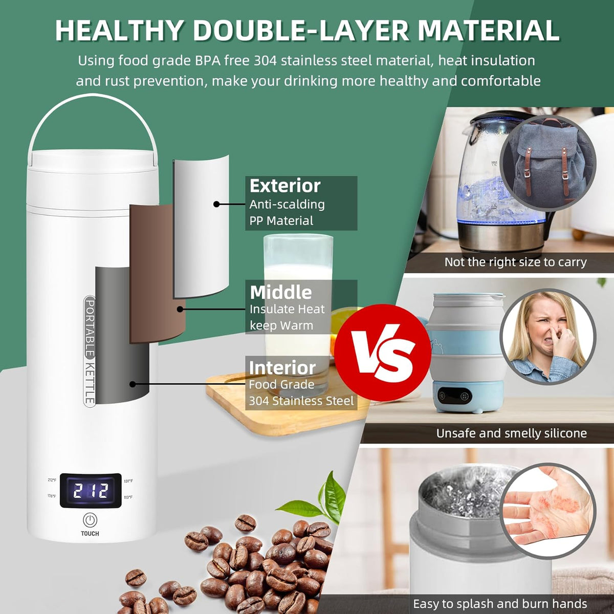 Portable Electric Travel Kettle - Compact Stainless Steel Smart Kettle with LCD Display