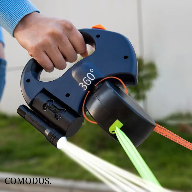 Retractable Double Dog Leash with Built-In Light
