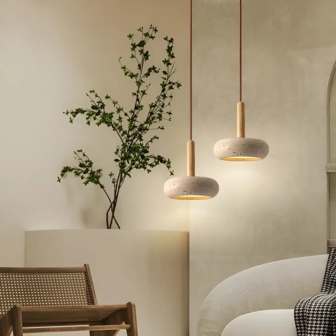 Retro Japanese LED Pendant Light - Adjustable Height Cave Stone and Wood Hanging Lamp - Ø 15cm, Cord up to 2m, Easy Installation