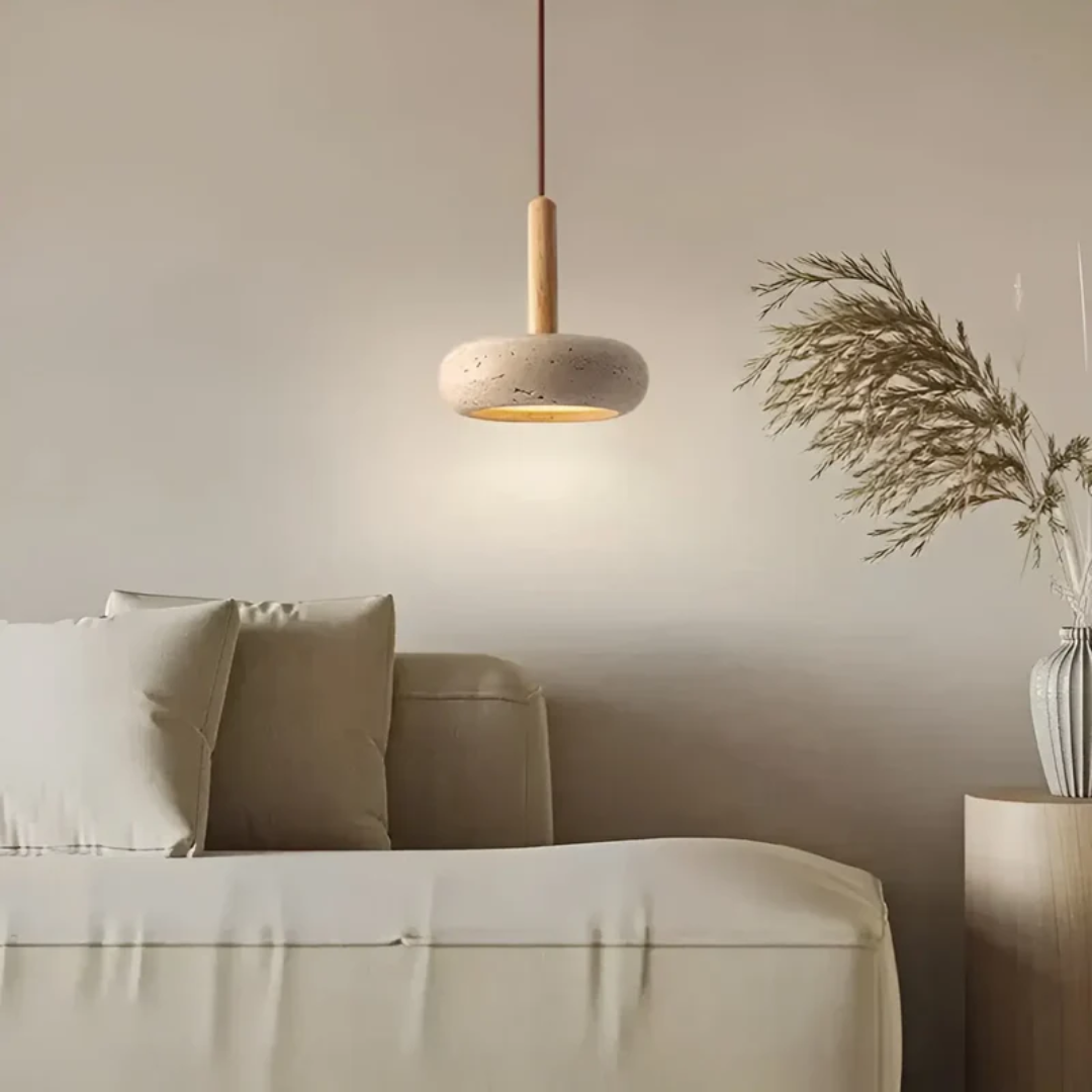 Retro Japanese LED Pendant Light - Adjustable Height Cave Stone and Wood Hanging Lamp - Ø 15cm, Cord up to 2m, Easy Installation