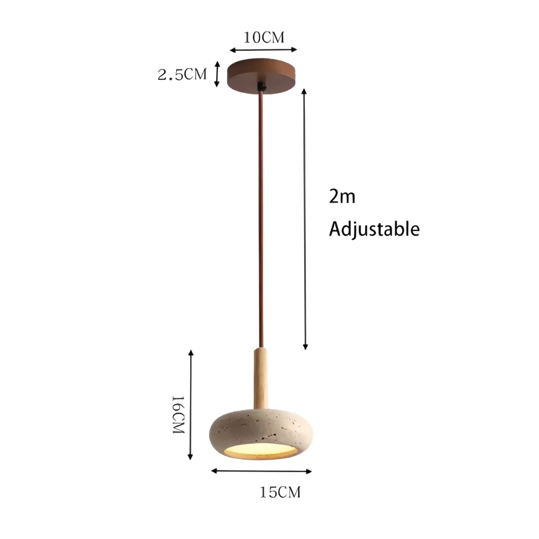 Retro Japanese LED Pendant Light - Adjustable Height Cave Stone and Wood Hanging Lamp - Ø 15cm, Cord up to 2m, Easy Installation