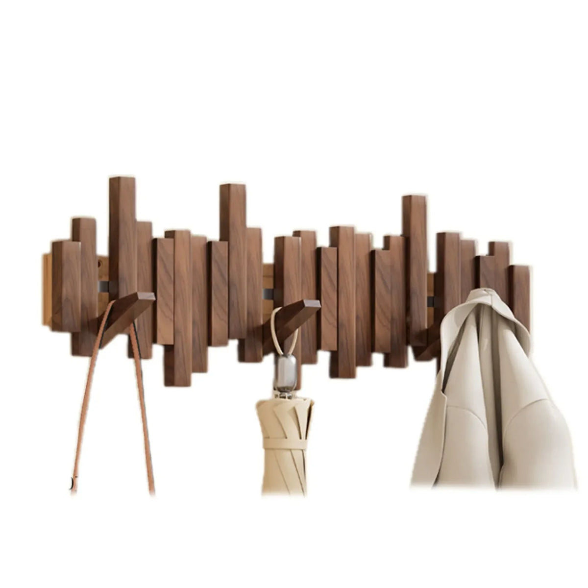 Scandinavian Wooden Wall-Mounted Coat Rack with Magnetic Folding Hooks, 4 to 10 Hooks, Ash or Walnut