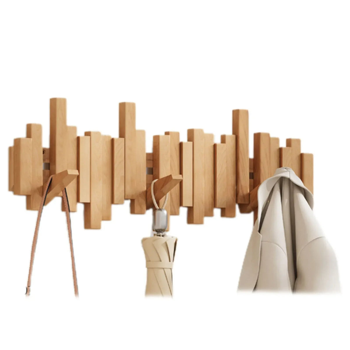 Scandinavian Wooden Wall-Mounted Coat Rack with Magnetic Folding Hooks, 4 to 10 Hooks, Ash or Walnut