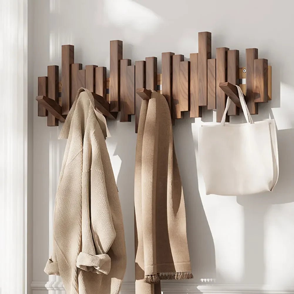 Scandinavian Wooden Wall-Mounted Coat Rack with Magnetic Folding Hooks, 4 to 10 Hooks, Ash or Walnut