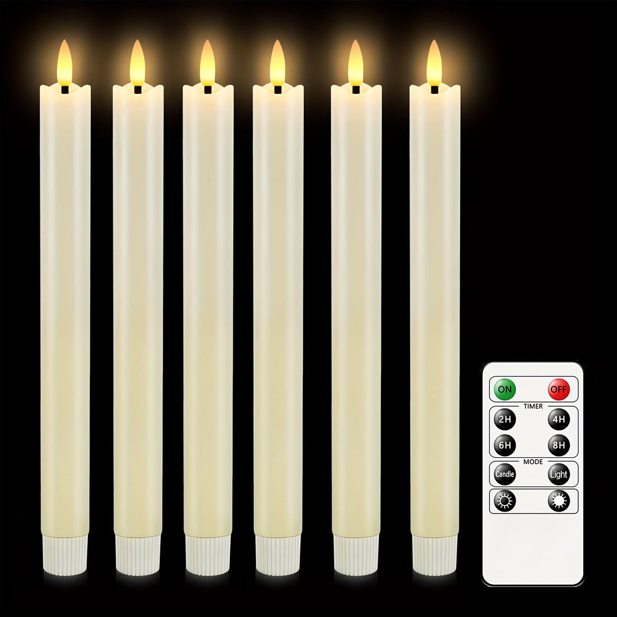 Set of 6 Flameless Real Wax Taper Candles with Remote Control - Ivory White LED Candles for Table and Wedding Decoration