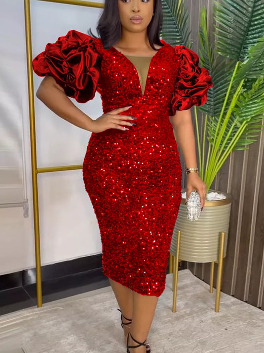 Shiny Vintage Puff-Sleeve Plus-Size Dress