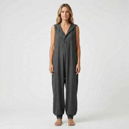 Sleeveless Hooded Button-Down Jumpsuit
