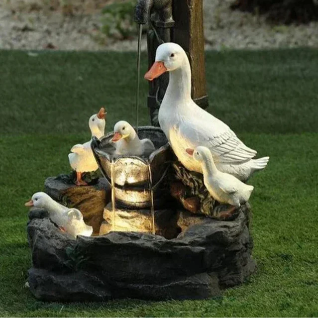 Solar Decorative Duck & Squirrel Water Fountain - Weatherproof Resin Garden Figurine with LED Light for Patio & Balcony