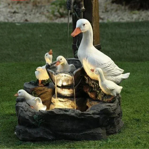 Solar Decorative Duck & Squirrel Water Fountain - Weatherproof Resin Garden Figurine with LED Light for Patio & Balcony