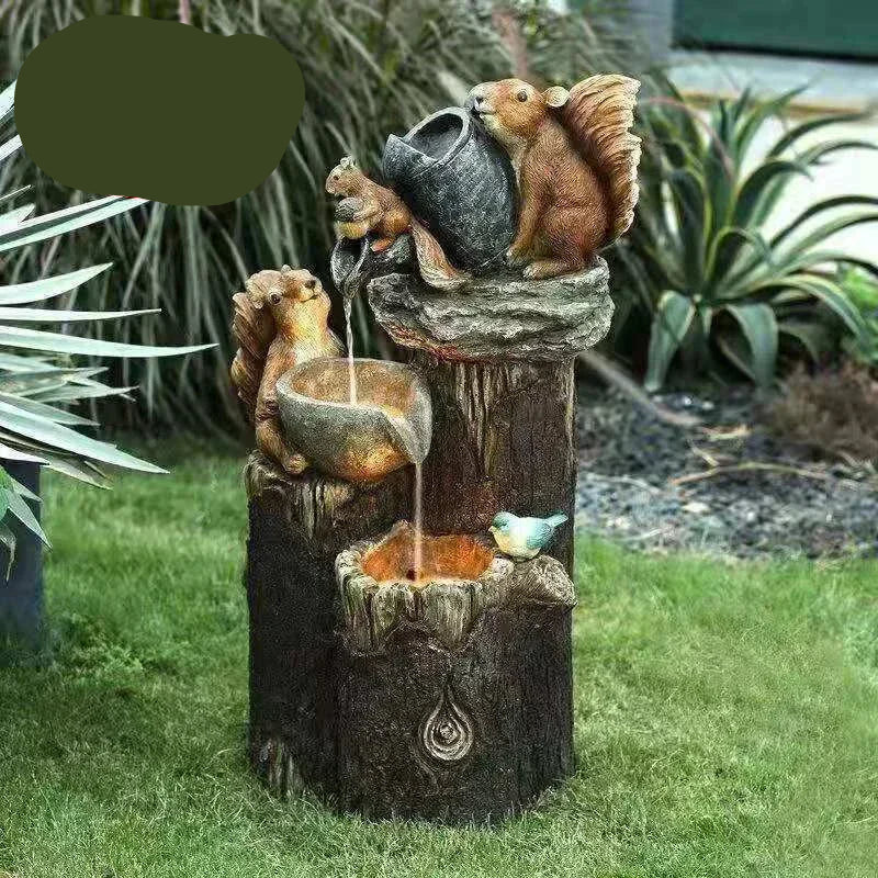 Solar Decorative Duck & Squirrel Water Fountain - Weatherproof Resin Garden Figurine with LED Light for Patio & Balcony
